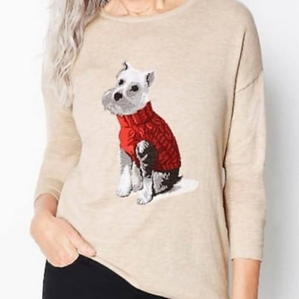 J. Jill Weston the Dog Crewneck Cotton Long Sleeve Sweater Tan Heather Size MP